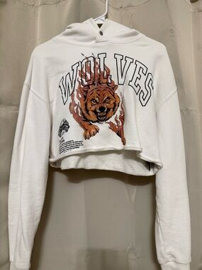 Darc Sport White Cropped Hoodie with Fiery Wolf Graphic